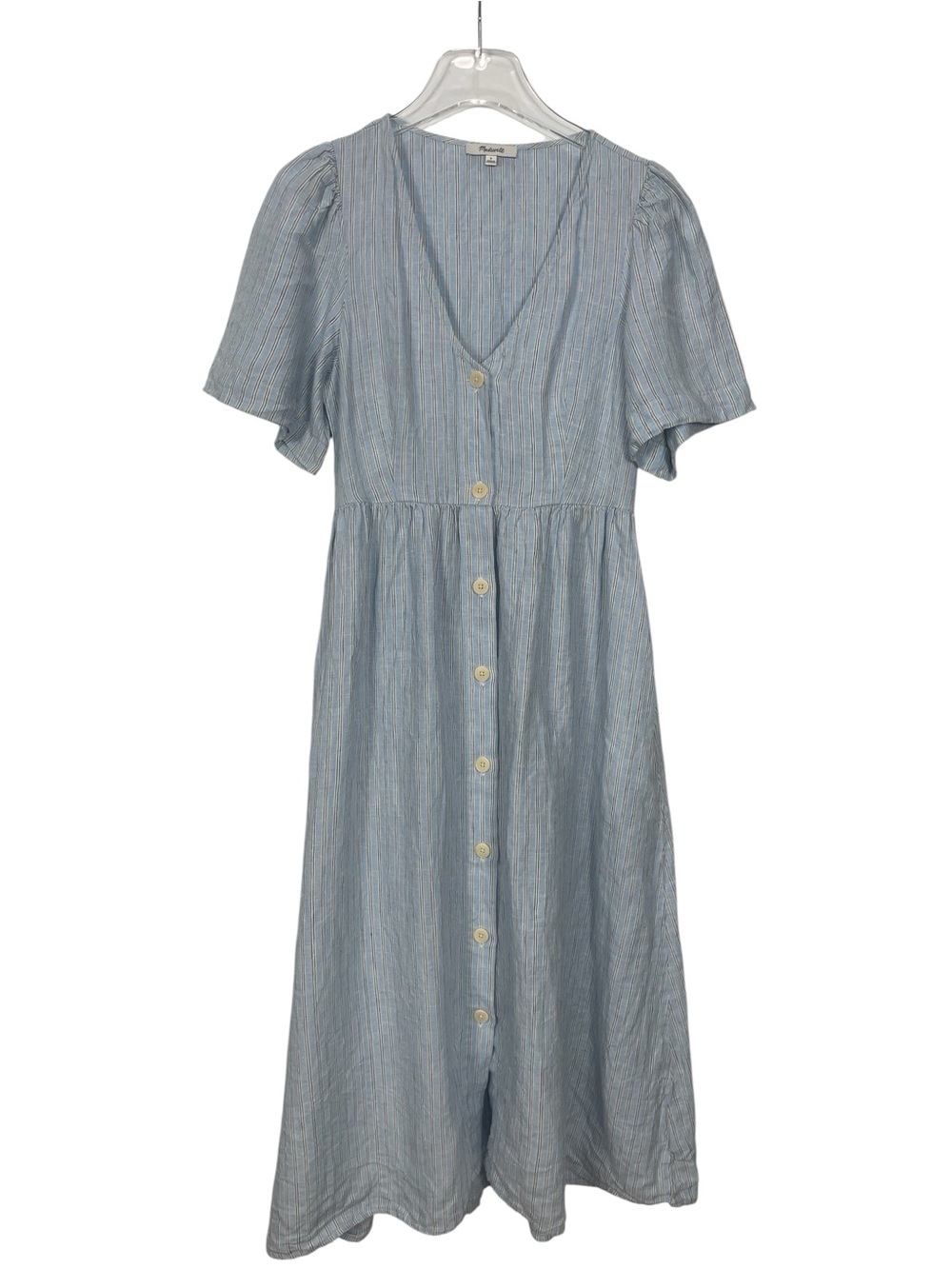 Madewell Cassie Button-Front Midi Dress 100% Linen Blue Striped Size Small - Picture 2 of 13
